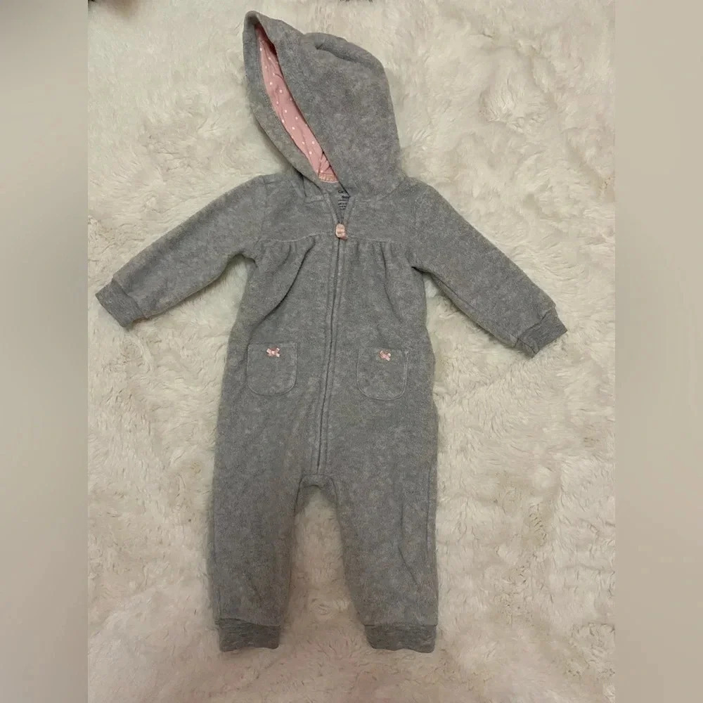 Carter’s baby girl hooded fleece zip up warm outfit, romper gray with hood